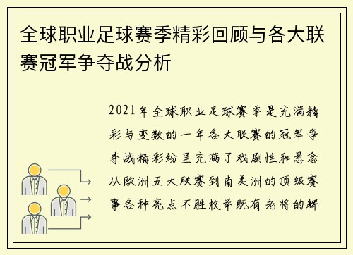 全球职业足球赛季精彩回顾与各大联赛冠军争夺战分析