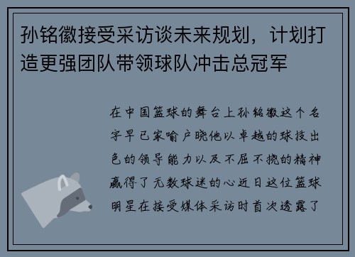 孙铭徽接受采访谈未来规划，计划打造更强团队带领球队冲击总冠军