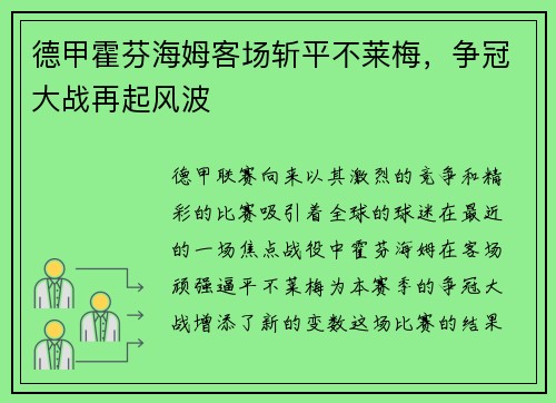 德甲霍芬海姆客场斩平不莱梅，争冠大战再起风波