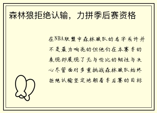 森林狼拒绝认输，力拼季后赛资格