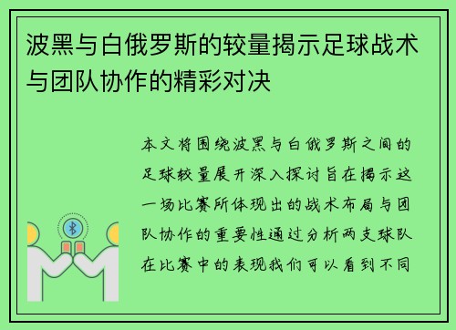 波黑与白俄罗斯的较量揭示足球战术与团队协作的精彩对决
