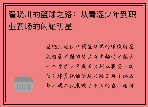 翟晓川的篮球之路：从青涩少年到职业赛场的闪耀明星