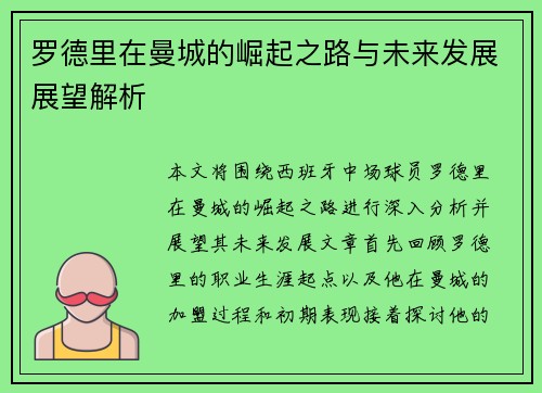 罗德里在曼城的崛起之路与未来发展展望解析