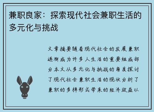 兼职良家：探索现代社会兼职生活的多元化与挑战