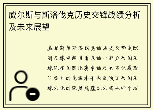 威尔斯与斯洛伐克历史交锋战绩分析及未来展望