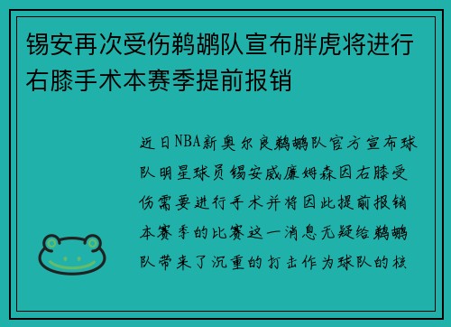 锡安再次受伤鹈鹕队宣布胖虎将进行右膝手术本赛季提前报销