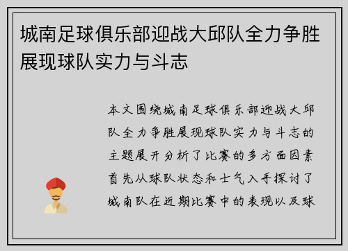 城南足球俱乐部迎战大邱队全力争胜展现球队实力与斗志